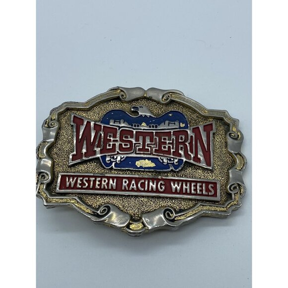 Western Racing Wheels Belt Buckle Vintage 1970's Brass 3.5x2.75 - Picture 8 of 8
